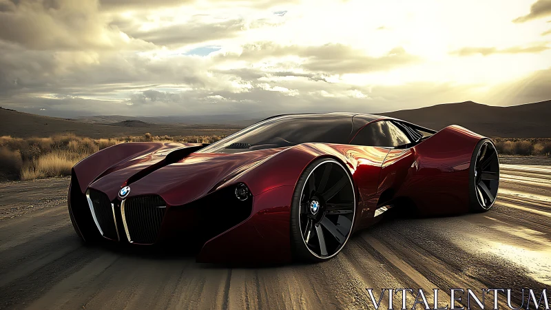 Aerodynamic BMW concept hypercar with sculpted red bodywork under desert light