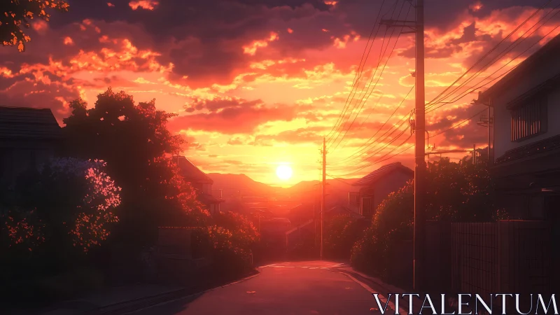 Anime suburban street at sunset rendered with warm cinematic lighting