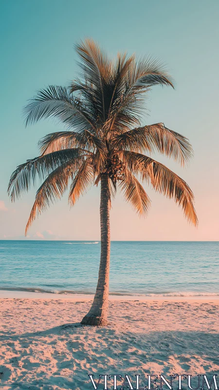 Solitary Palm Against Twilight Ocean Horizon.
