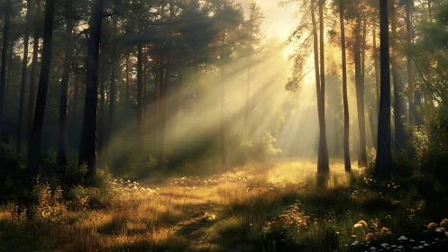 Sunbeams Filtering Through Tranquil Forest, Photorealistic Style.