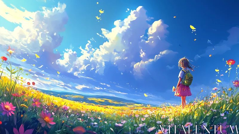 Child wandering through sunlit wildflower meadow under sky.