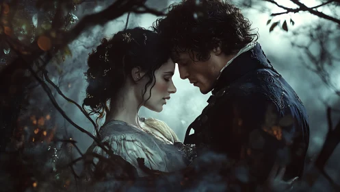 Two figures in historical clothing standing closely together.