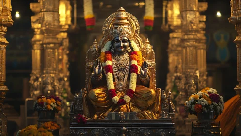 Gold-clad Hindu deity statue with garlands in shrine.