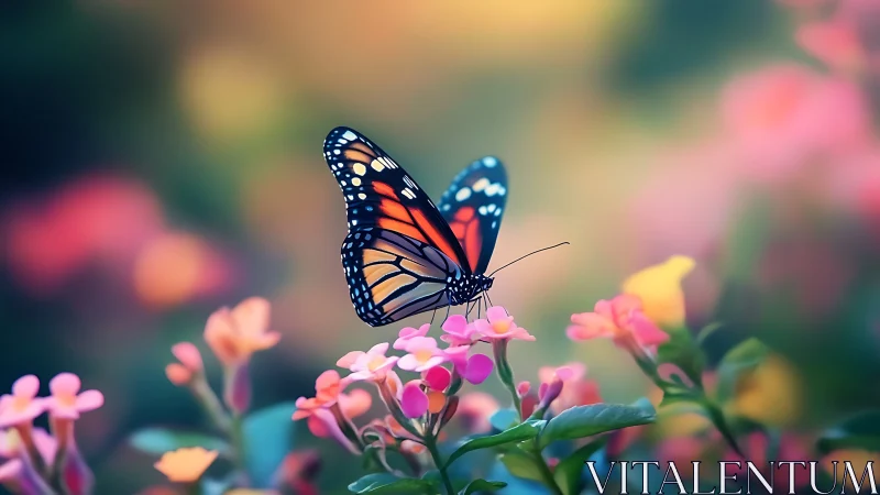 Gentle monarch butterfly resting in a dreamy flower garden.