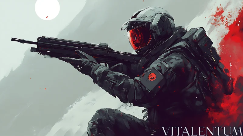 Tactical exosuit marksman in red-visored combat stance.