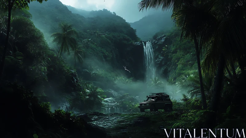 Explorer's Journey Through Misty Jungle Waterfalls.