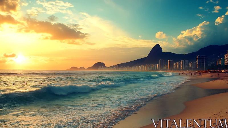 Sunlit surf kissing a luminous tropical skyline at dusk.