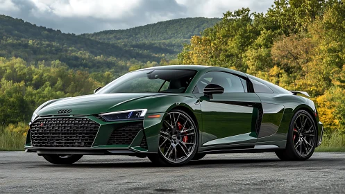 Green Audi R8 sports car parked before forested hills.