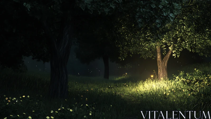 Nighttime Forest Clearing with Bioluminescent Trees