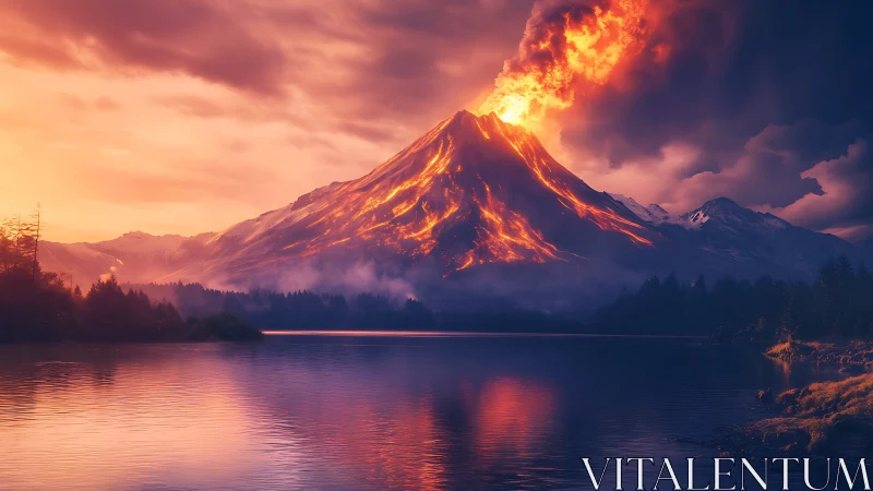 Lava-illuminated volcanic eruption above reflective lake surface.