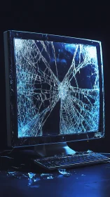 Shattered computer monitor glows cold blue in dark studio