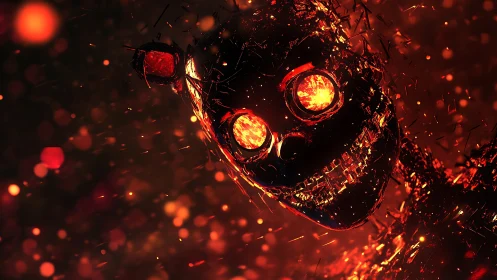 Molten-eyed robotic skull emerges from swirling embers.