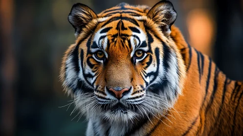 Close frontal view of tiger with distinct striped pattern.