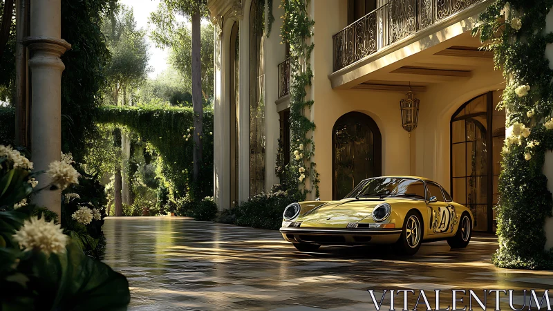 Vintage yellow sports car in sunlit Italianate courtyard.