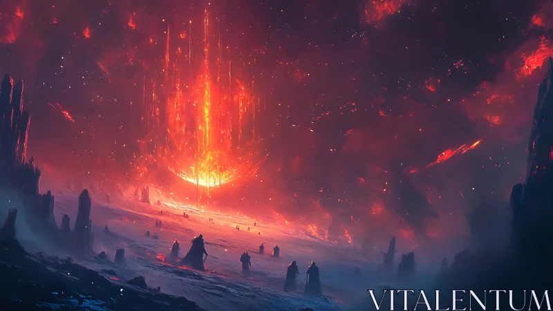 Infernal horizon with robed figures under collapsing sun.