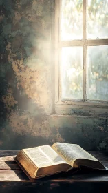 Sunlit open Bible rests on rustic wooden table by window.