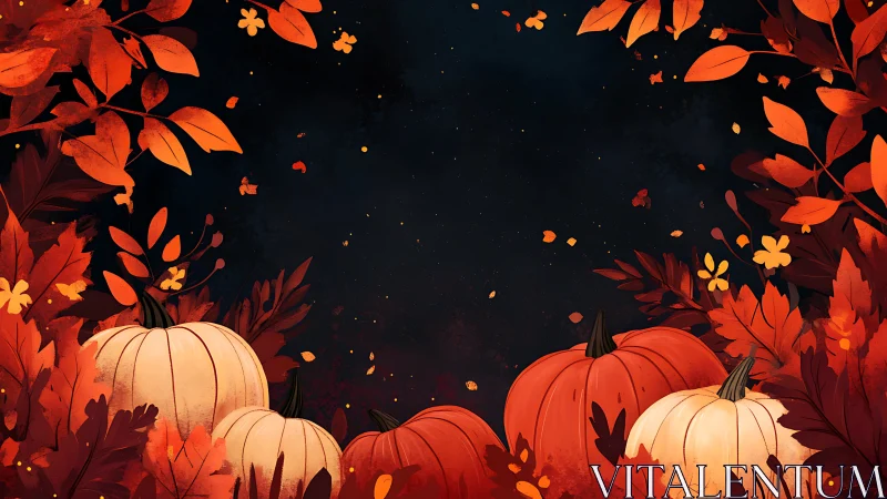 Pumpkin lantern chorus under ember-leaf autumn sky.