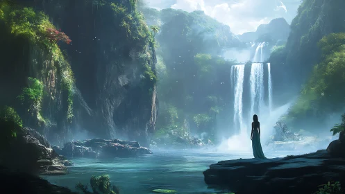 Solitary figure observes mist-laden cascades in verdant gorge