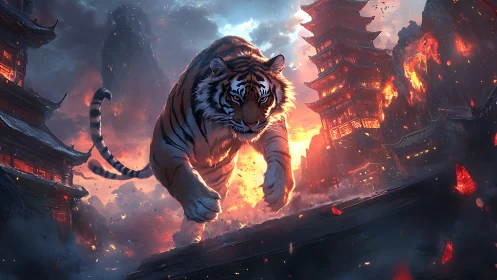 Tiger charges through burning temples under storm sky.