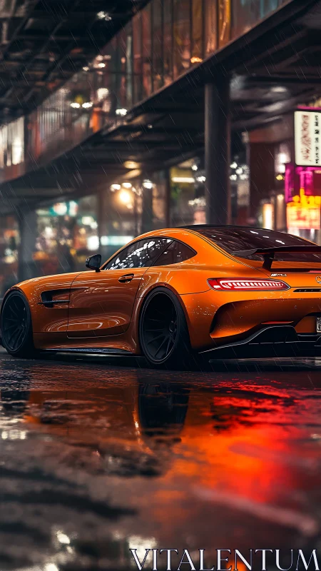 Midnight orange sports car gliding through neon rain.