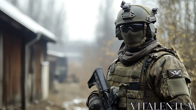 Tactical operator in camouflaged gear with rifle outdoors.