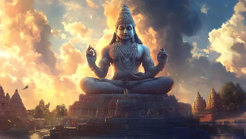 Sky-bathed stone deity quietly crowns a glowing temple city