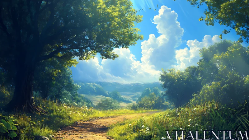 Forest vista with valley vista through trees and billowed clouds overhead.