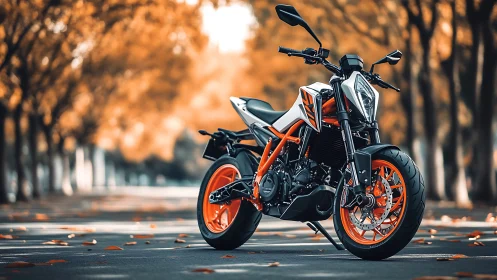Sport motorcycle parked on tree lined road in autumn.