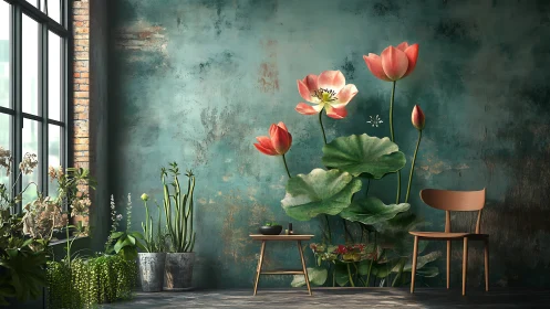 Coral Lotus Whispers Against Weathered Turquoise Dreams