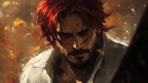 Battle-scarred warrior glares through fiery swirling embers.