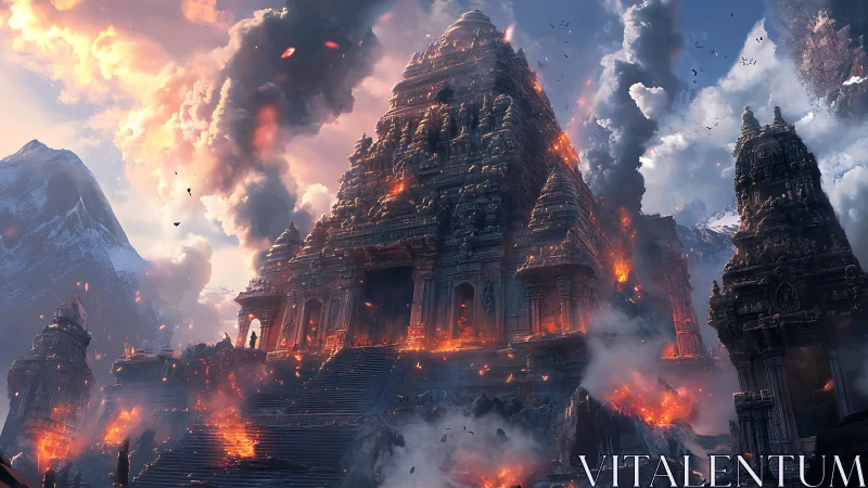 Ancient stone temple engulfed in fire and volcanic smoke.
