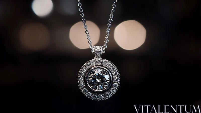 Round halo diamond pendant captured in dramatic low-key lighting