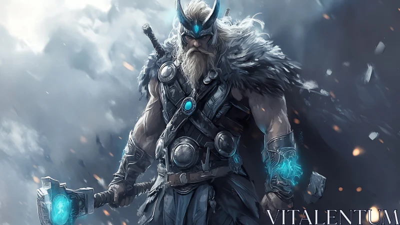 Mythic lightning warrior in icy storm, digital painting focus.