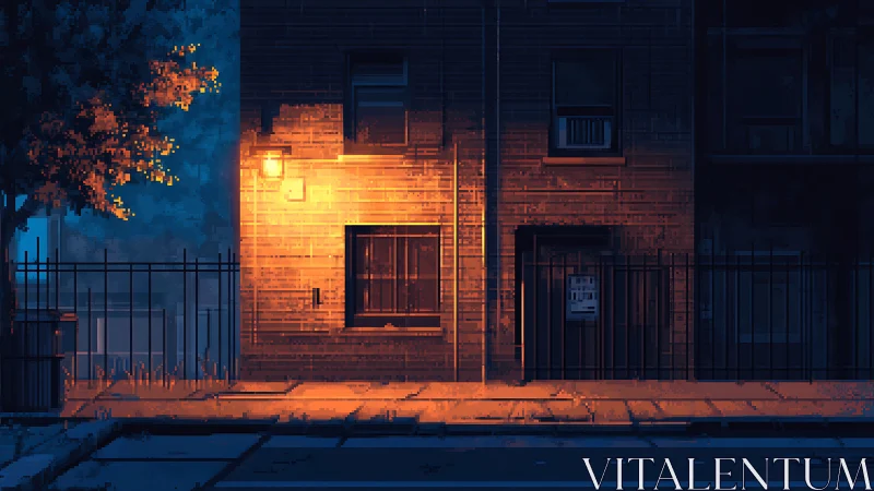 Street facade glows under lone sodium lamp at night.