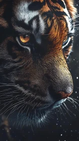 Tiger profile glows under cold cinematic rim light.