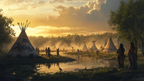 Sunlit riverside encampment with tipis and gathered people.