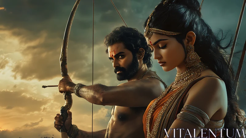 Two ornately dressed archers stand against a cloudy sky