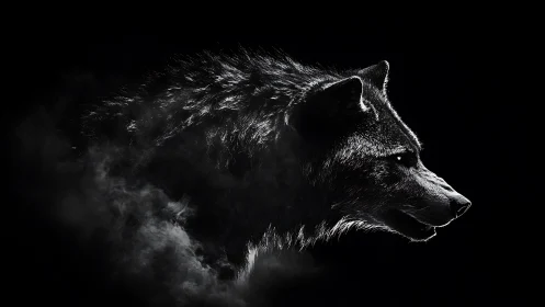 Luminous black wolf emerges from swirling night shadows