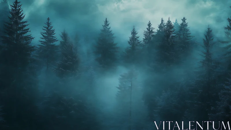 Misty Coniferous Forest Landscape at Dusk