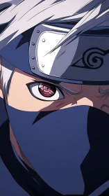 Close-up cel-shaded ninja portrait with masked face and metal headband