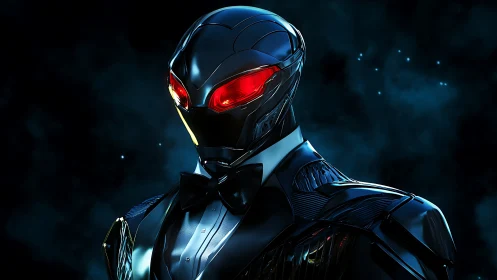 Midnight tuxedo cyborg with ember eyes in deep starlight.