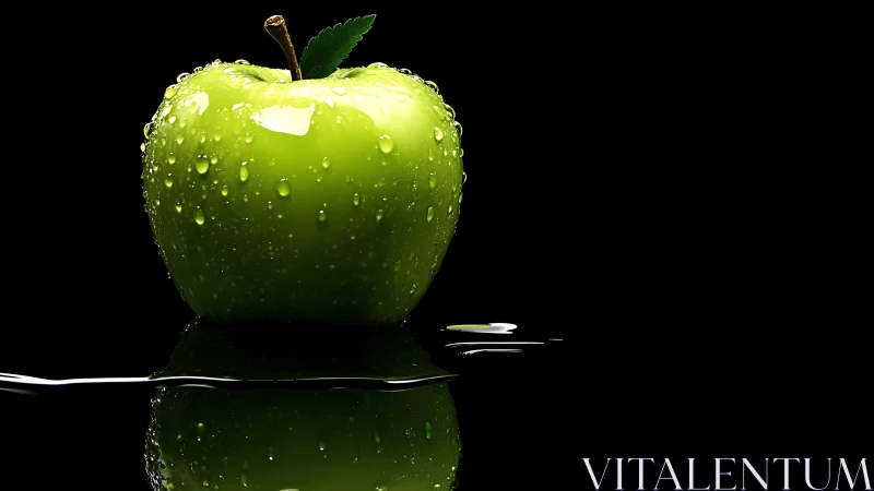 Dewlit green apple poised over inky mirror of night.