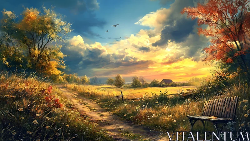 Golden country sunset welcomes a quiet bench and winding path