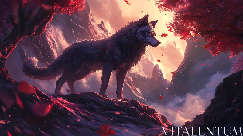Lone wolf dominates crimson mountains at burning dawn.
