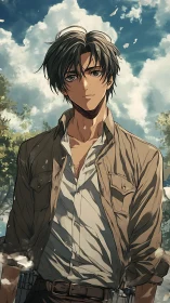 Windlit anime hero in earth tones under dramatic sky.