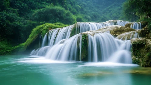 Emerald cascade curtains pour over mossy jungle terraces.