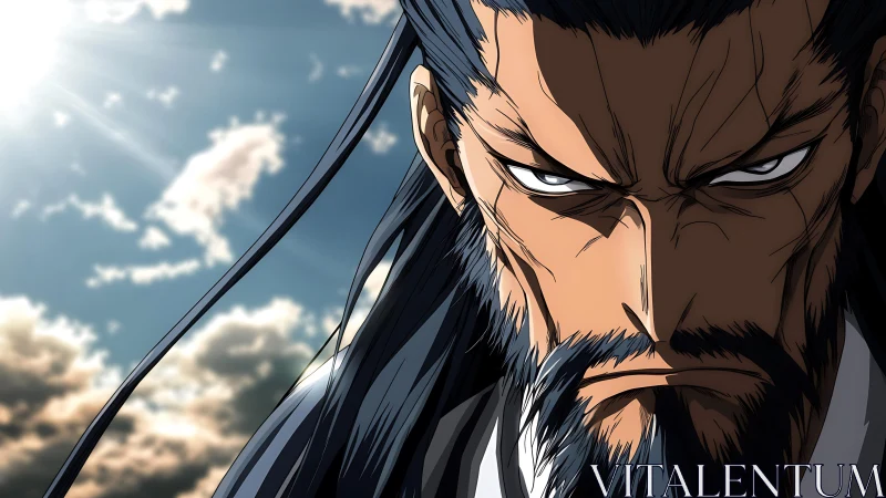 Anime portrait of stern warrior leader in dramatic sunlight.