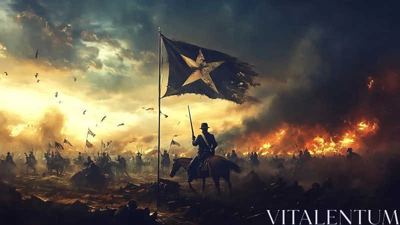 Equestrian war commander advances beneath tattered star banner