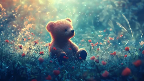 Soft toy bear under volumetric backlight in shallow depth field