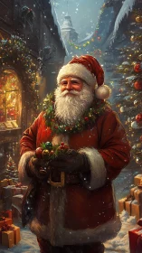 Santa Claus in snowy festive street with gifts and lights.